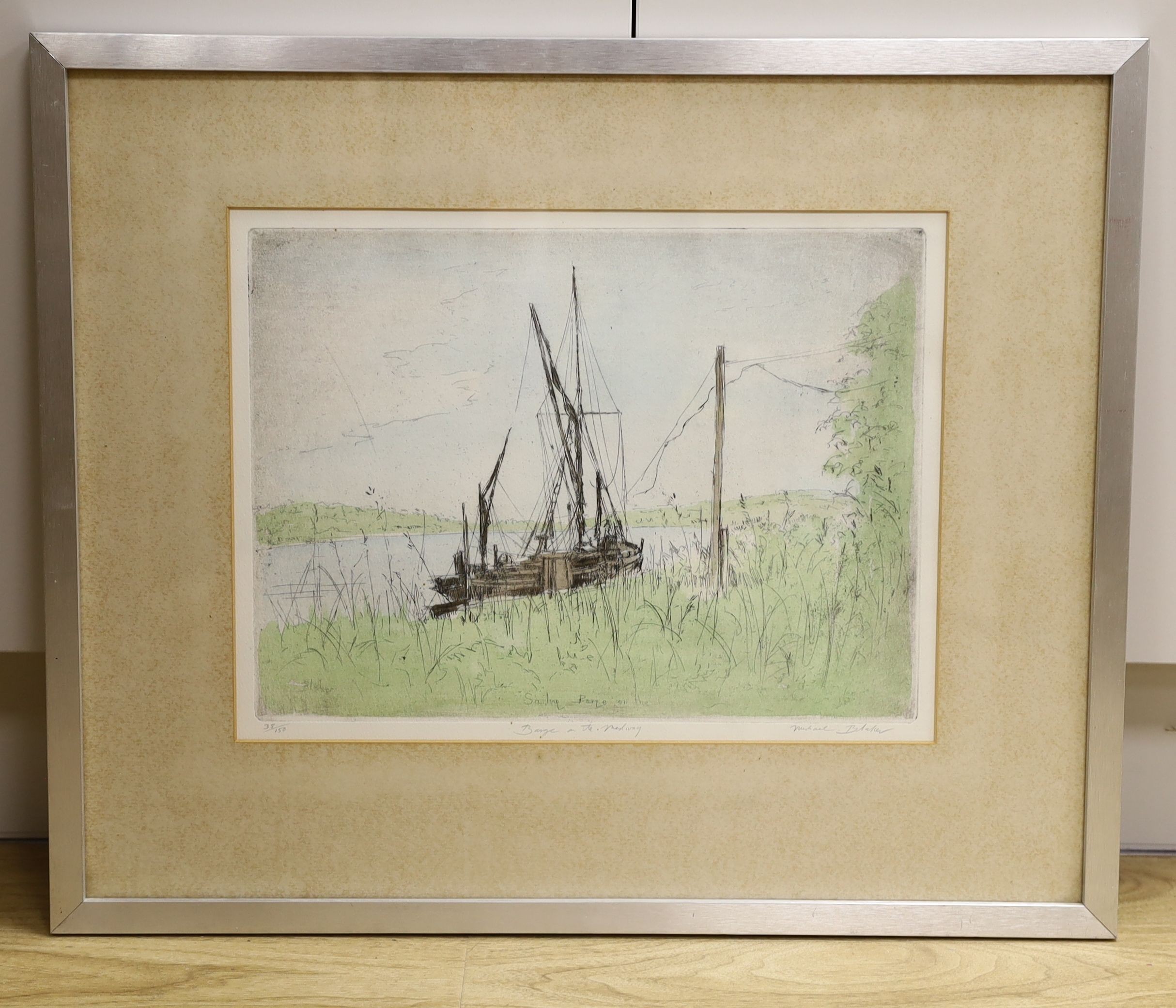 Michael Blaker (1928-), coloured etching, Barge on the Medway, signed in pencil, 38/150, 27 x 37cm
